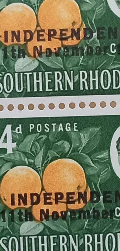 Souther Rhodesia SG363(var)Orange colour downwards shift and 1955 instead of 1965 on top right stamp