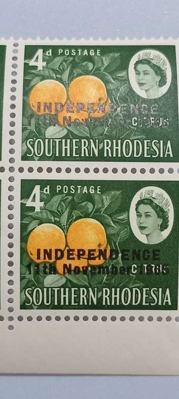 Souther Rhodesia SG363(var)Orange colour downwards shift and 1955 instead of 1965 on top right stamp
