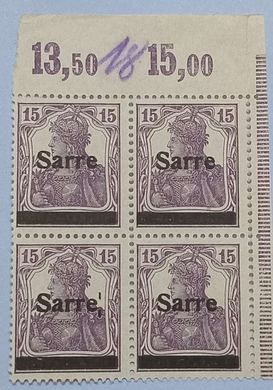 REDUCED!!!ERROR Germany 1920 Overprint Error Printing Block -Sarre(:) Block of 4  High CV