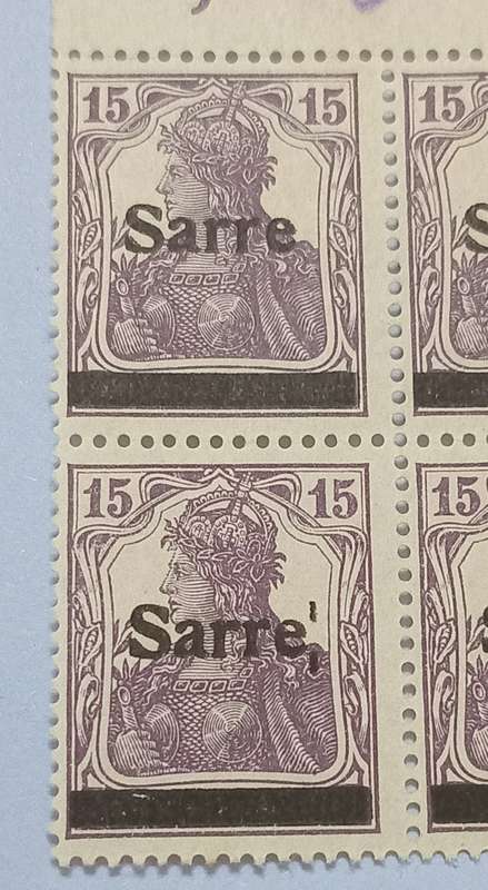 REDUCED!!!ERROR Germany 1920 Overprint Error Printing Block -Sarre(:) Block of 4  High CV