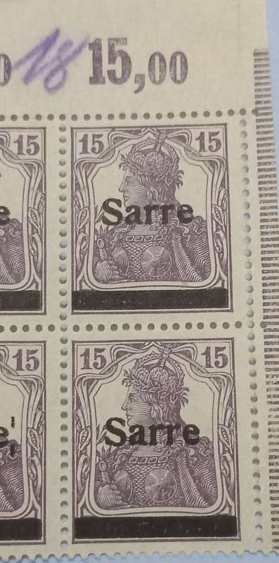 REDUCED!!!ERROR Germany 1920 Overprint Error Printing Block -Sarre(:) Block of 4  High CV