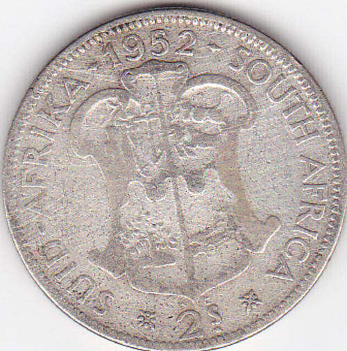 SCARCE - 1952  SOUTH AFRICAN  2 SHILLINGS AS PER SCAN