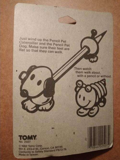 1982 TOMY Pencil Pets Puppy Dog Wind-Up Toy Sealed on board