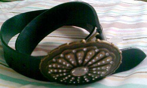 Ladies black belt with oval floral and diamante buckle (Medium)