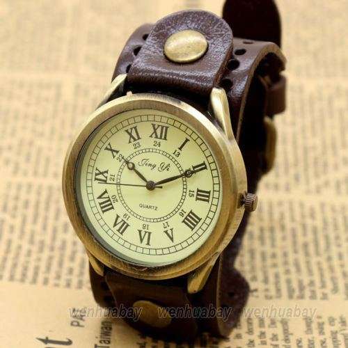 Retro Roma Number Dial Leather Bracelet Quartz Wrist Watch Men Boy