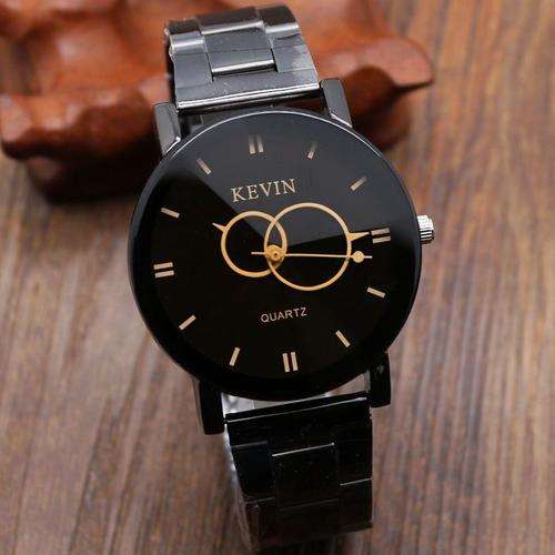 *KEVIN* Circle Pointer Black Stainless Steel Round Dial Quartz Wrist Watch Men