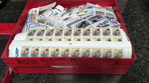 Shoe box sized box full of stamps. Mostly early Rep SA. plenty lower value mint