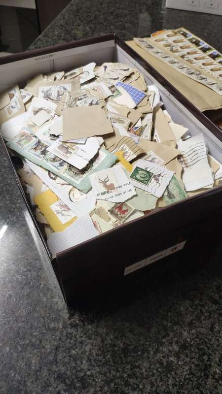 Shoe box with stamps. Many South African definatives and some from other southern african countries