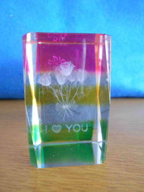 Decorative `I LOVE YOU` glass paperweight (in original box)