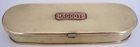 BRASS BAIT BOX FOR FISHERMEN with copper plaque 'MAGGOTS'  * Collector's piece *