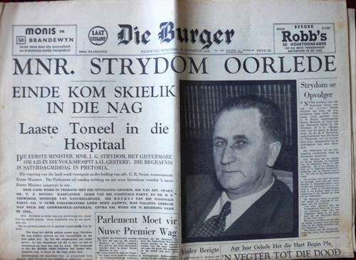 Die Burger :: 25 Augustus 1958 :: Mnr. Strydom oorlede :: Die dood van Hans Strydom :: Volledig