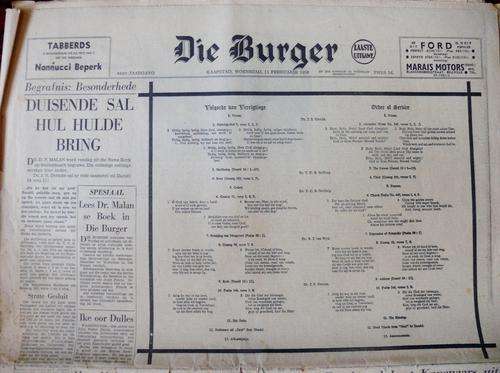 Die Burger :: Begrafnisreelings vir dr. D.F. Malan :: 11 Februarie 1959 :: Volledig 16 bladsye