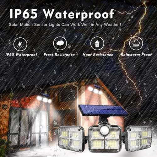 Solar Lights Outdoor 171 COB LEDs Motion Sensor Light 3 Head Remote Control Wall Light 270 Angle