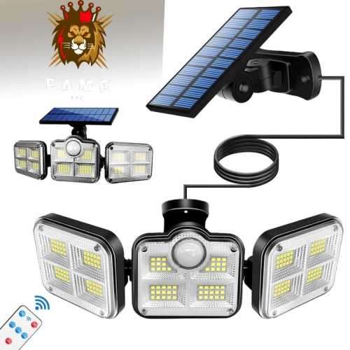 Solar Lights Outdoor 171 COB LEDs Motion Sensor Light 3 Head Remote Control Wall Light 270 Angle