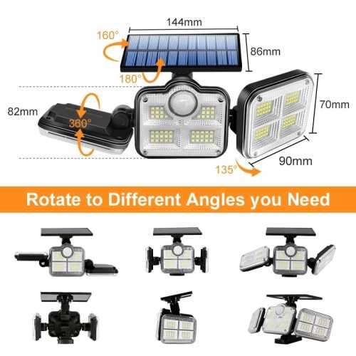 Solar Lights Outdoor 171 COB LEDs Motion Sensor Light 3 Head Remote Control Wall Light 270 Angle