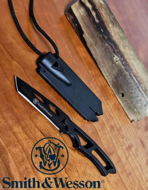 Smith and Wesson Neck Knife 3` Black Tanto Blade, Kydex Sheath