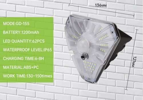 Crystal 62led solar wall rainproof ip65 activated light with 3 modes motion sensor