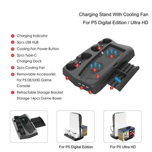 `Ultimate PS5 Gaming Station: Cooling Stand for Console, Controller, and Games for Enhanced Gaming