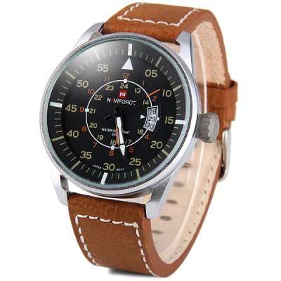 Naviforce Military Watch with Date Function Water Resistance  -  BROWN GENUINE LEATHER STRAP