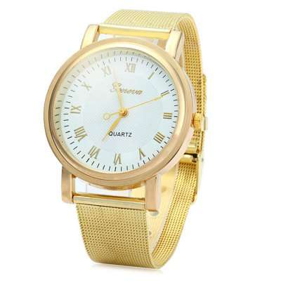 Geneva Roman Numerals Female Quartz Watch with Steel Net Strap