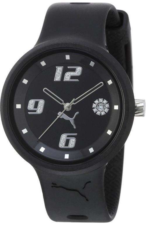 Authentic PUMA Crystal Accented Black Silicone Ladies Watch