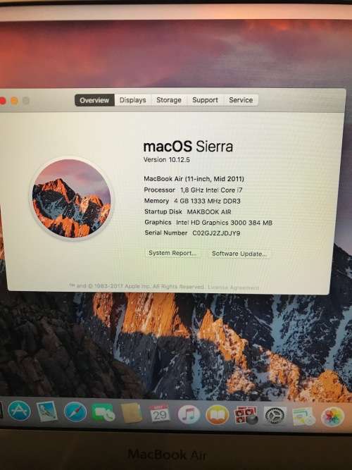 MACBOOK AIR 11" INTEL CORE i7, 250GB SSD, 4GB RAM, MacOS SIERRA. EXCELLENT CONDITION!!!!!