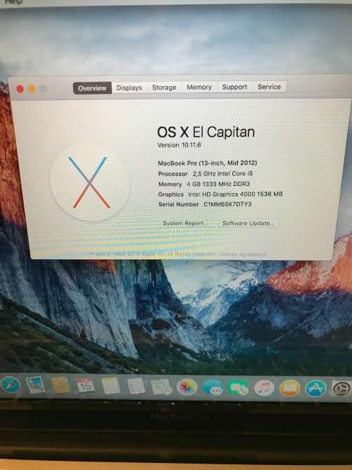 MACBOOK PRO i5 13" MID 2012, INTEL CORE i5 CPU @ 2,50GHz, 500GB HDD, 4GB RAM, OS X EL CAPITAN