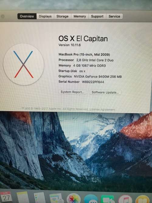MACBOOK PRO 15" MID 2009, INTEL CORE 2 DUO CPU @ 2,80GHz, 500GB HDD, 4GB RAM, OS X EL CAPITAN