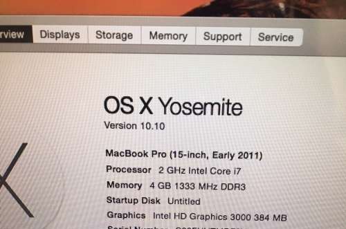 MACBOOK PRO i7, 15" INTEL CORE i7 CPU @ 2,00GHz, 500GB HDD, 4GB RAM, OS X YOSEMITE