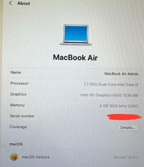 MACBOOK AIR 13`  INTEL CORE i5, 128GB SSD, 4GB RAM, 1.7GHZ  Mid 2012, MacOS Ventura