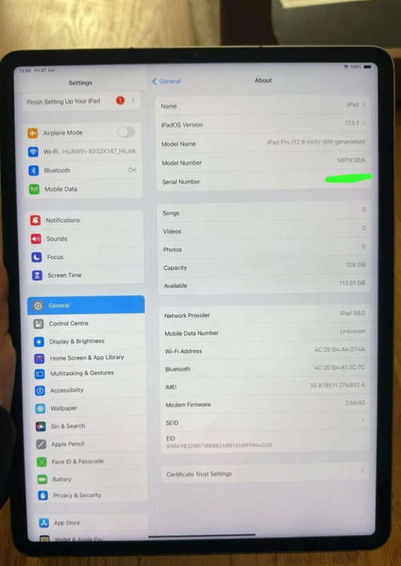iPad Pro 12.9-inch, M2, 6th Generation, 128GB, WiFi + Cellular A2437