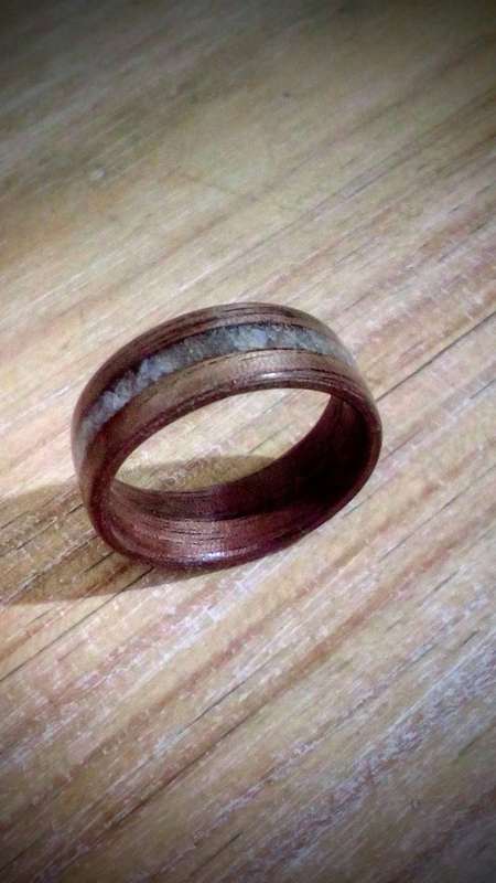 WOOD WOODEN RING WALNUT WITH CRUSHED  MOONSTONE INLAY new design!