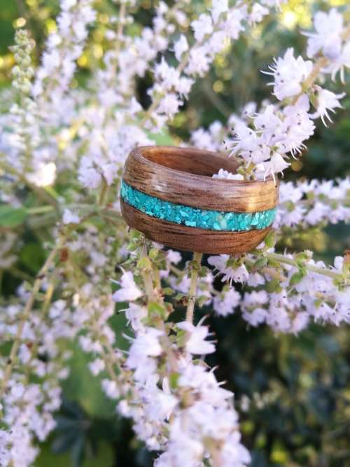 BENTWOOD RING WALNUT WITH CRUSHED CHRYSOCOLLA STONE INLAY new design!