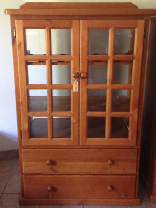 Oregon Pine (Douglas Fir) Hi Fi Cabinet with Cottage Pain Glass Doors
