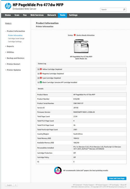HP PageWide Pro 477dw Wireless Multifunction Colour Printer - less than 2500 Page Count