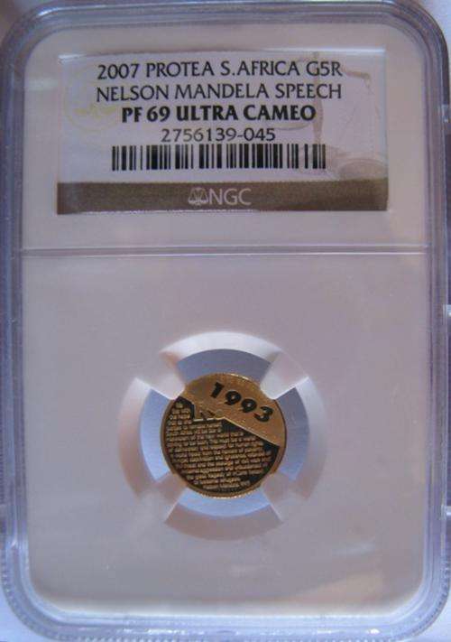 2007 PF69 Ultra Cameo Nelson Mandela Speech1/10 24Carat Gold Coin