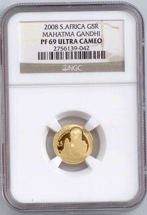 2008 PF69 Ultra Cameo Mahatma Ghandi 1/10 24Carat Gold Coin