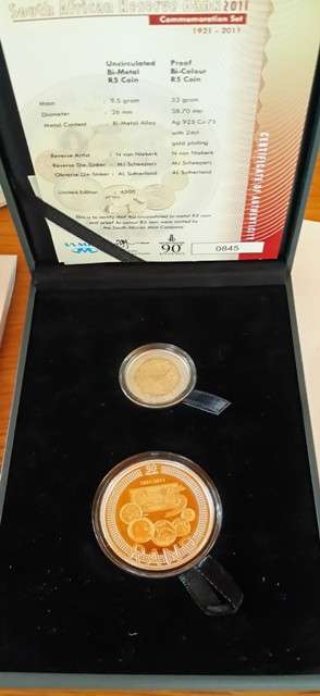 Coin With Most History 2011 90th Anniversary SARB Set Proof Crown and UNC 5Rand In Mint Box and Cert