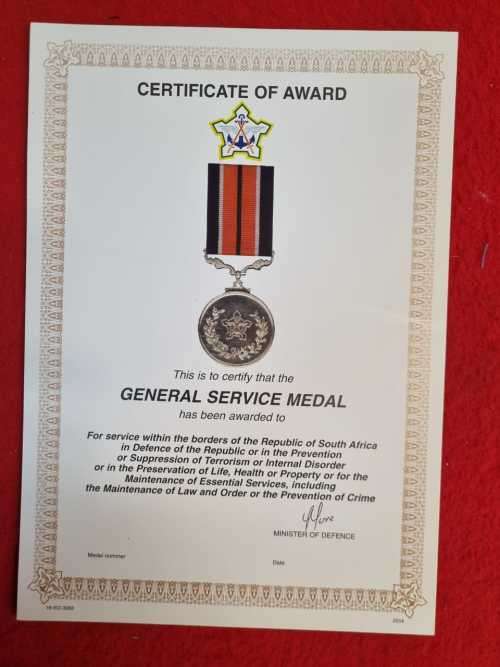General Service Medal original award certificate