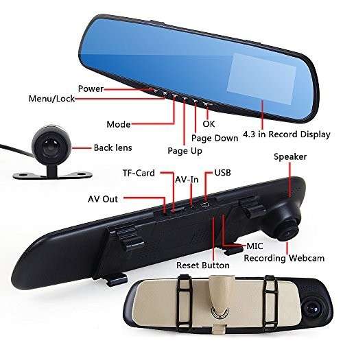 HD 4.3"LCD Dual Lens Dash Cam DVR 3 In 1 Rear view Mirror Front Cam and Rear view Camera