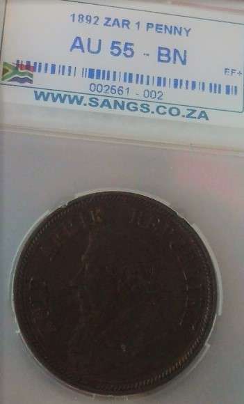 1892 ZAR GRADED PENNY*AU55BN*RARE YEAR & DETAIL*R1 START*