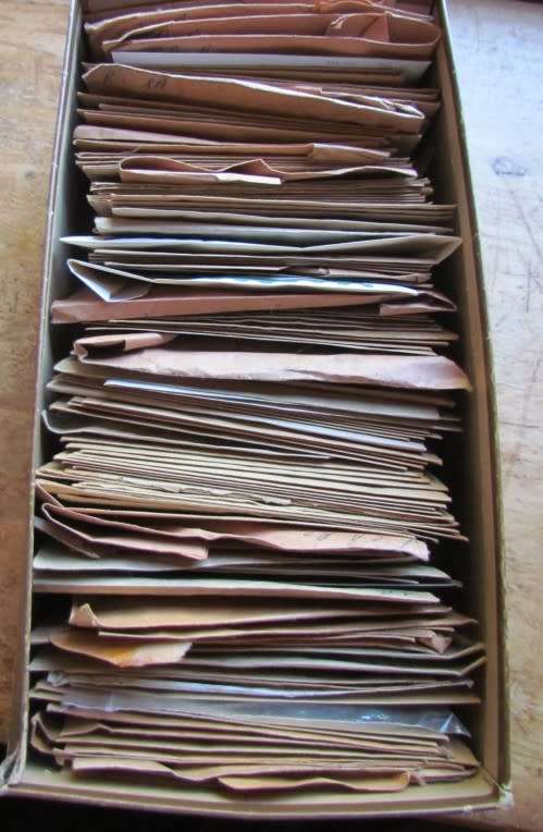 STAMPS FOR CHECK & SORT - SHOE BOX FULL OF ASSORTED ENVELOPES - DUPLICATES