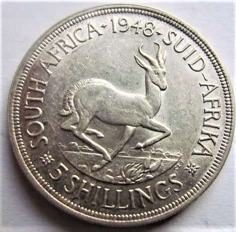 1948 SA UNION SILVER 5 SHILLINGS - 80% SILVER - EXCELLENT