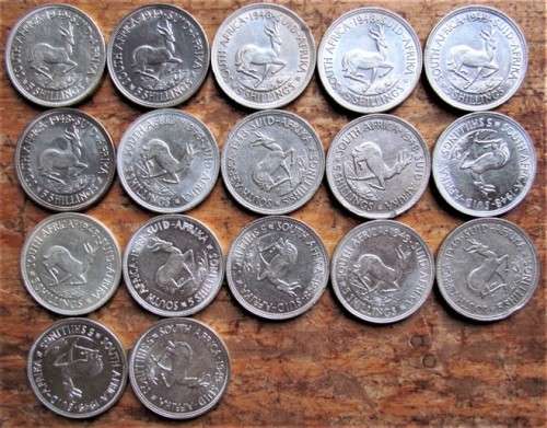 BUY SILVER!!!  **17 X 80% SILVER 5 SHILLINGS SILVER VALUE = R6970.00 **BID PER COIN