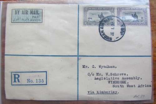 1932 SUDAN AIRMAIL COVER TO SWA VIA KIMBERLEY ***SCARCE***