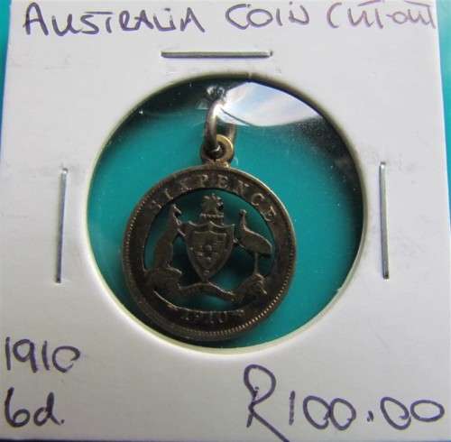 AUSTRALIA 1910 6d SILVER **COIN CUT OUT ART - MOUNTED AS PENDANT - SILVER @@@ R1 START @@@ SEE PICS