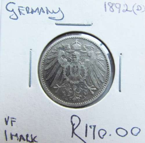 GERMANY 1892 (D) VF 1 MARK SILVER