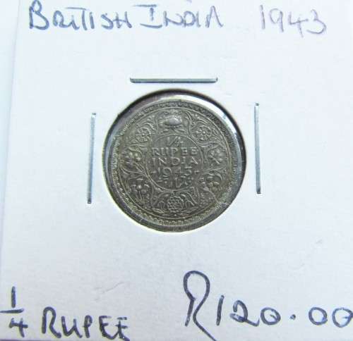 BRITISH INDIA 1943 1/4 RUPEE 50% SILVER