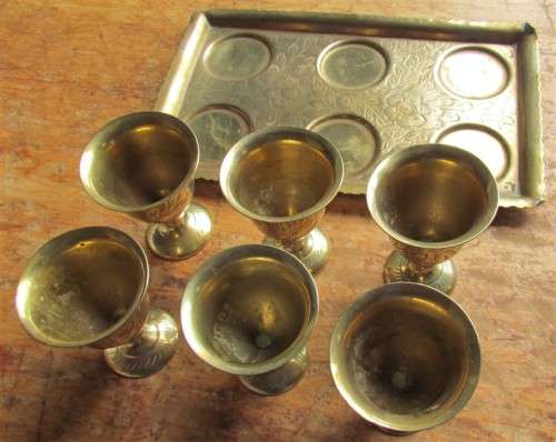 SOLID BRASS SET OF 6 X GOBLETS + TRAY EXCELLENT ALL FOR 1 BID