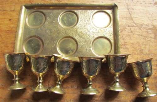 SOLID BRASS SET OF 6 X GOBLETS + TRAY EXCELLENT ALL FOR 1 BID